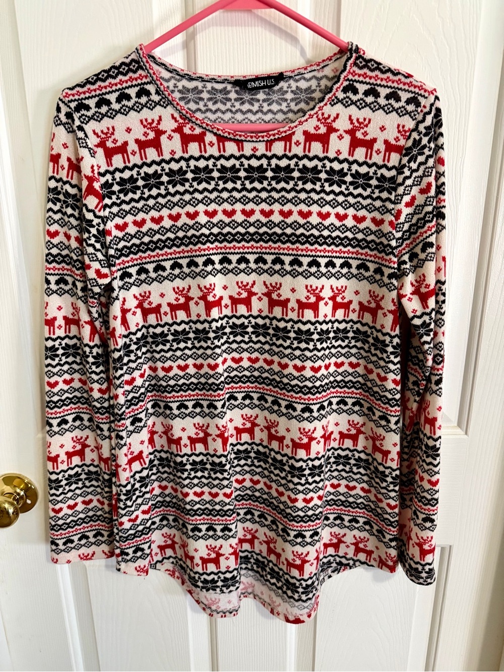 Heimish USA Long Sleeve Red & Black Fair Isle Reindeer Sweater